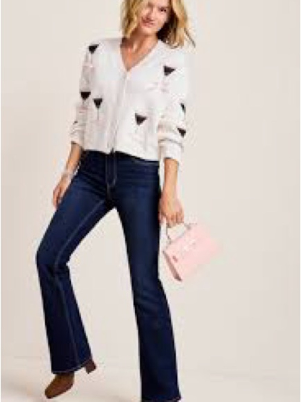 Francesca's Collections White Espresso Martini V-Neck Cardigan with Pink Bows - Picture 2 of 4